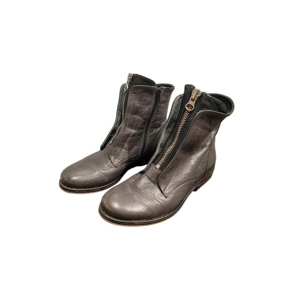 Retro Leather Ankle Boots Women's Combat Moto Front Zippers Sz 39/8 Gray - Picture 1 of 11